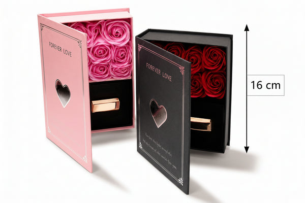 Joyero grande tipo libro Forever Love con rosas decorativas y cajón
