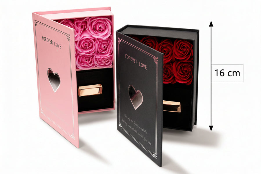 Joyero grande tipo libro Forever Love con rosas decorativas y cajón