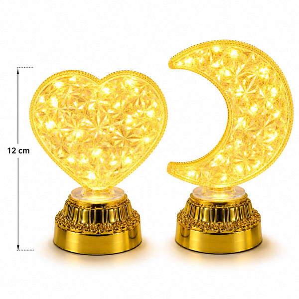 Lámparas decorativas de corazón y luna con luz cálida y base dorada