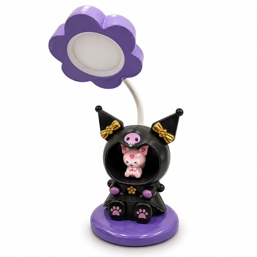 Lámpara decorativa estilo Kuromi en tonos negro, rosa y morado con pantalla de flor