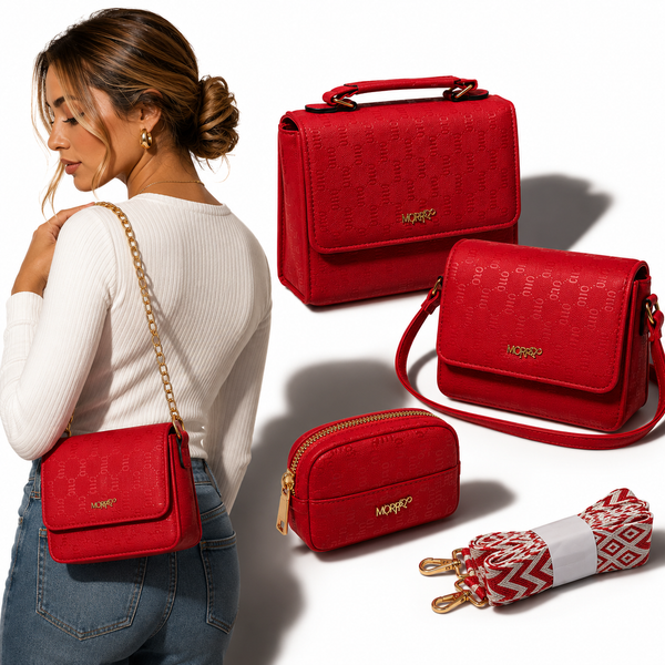 Combo x4 - Tres Bolsos + Cartera para Dama color Rojo y Rosado